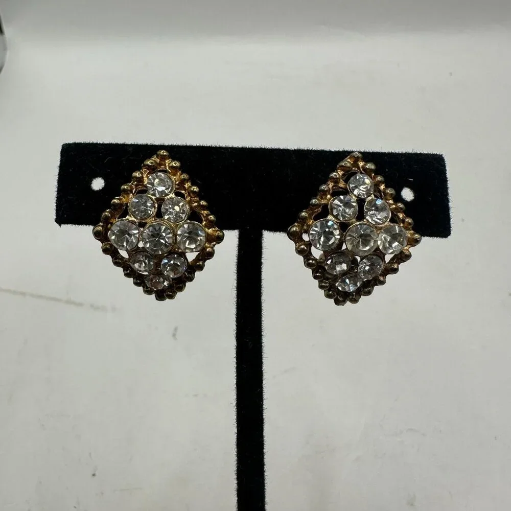 Vintage Gold-Tone Clip-On Earrings With Rhinestones
